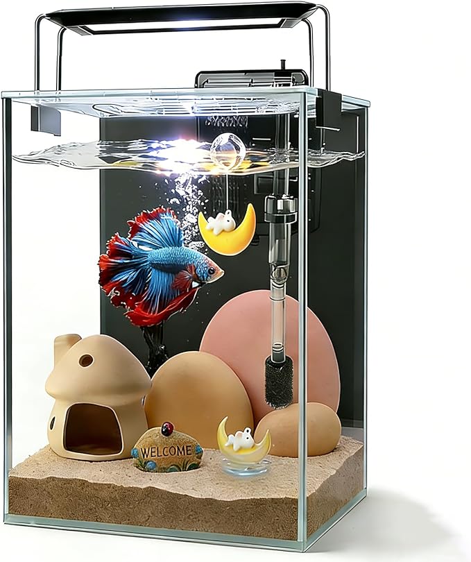 Glass Aquarium Starter Kits 1.5 Gallon Small Fish Tank, Betta Fish Tank for Home Office Deco, with LED Light, Power Filter, 4mm Glass, Black