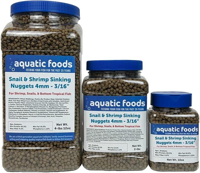 Snail & Shrimp 4mm Sinking 40% Protein Nuggets. Ideal for All Snails, Shrimp and Bottom Tropical Fish…2-lbs Jar