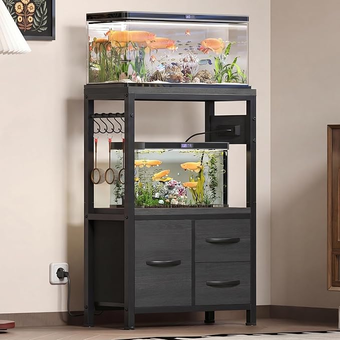Heybly 5-10 Gallon Fish Tank Stand, Aquarium Stand with Drawer, Power Outlet, Heavy Duty Metal Frame, for Fish Tank, Turtle & Reptile Terrarium, 20.5" × 10.2" Top, 200lbs, Black HAS002SBK