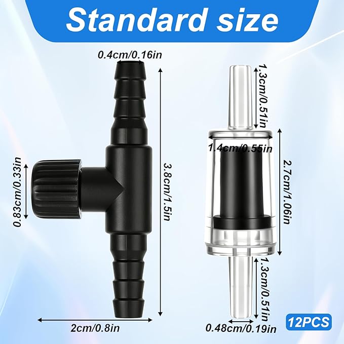 Psyqtsuary Aquarium Air Pump Accessories, 12 Pcs One Way Check Valve Aquarium Plastic Aquarium Air Valve for Fish Tank 3/16" Aquariums Tubing (6 Check Valves +6 Control Valves) (Black)