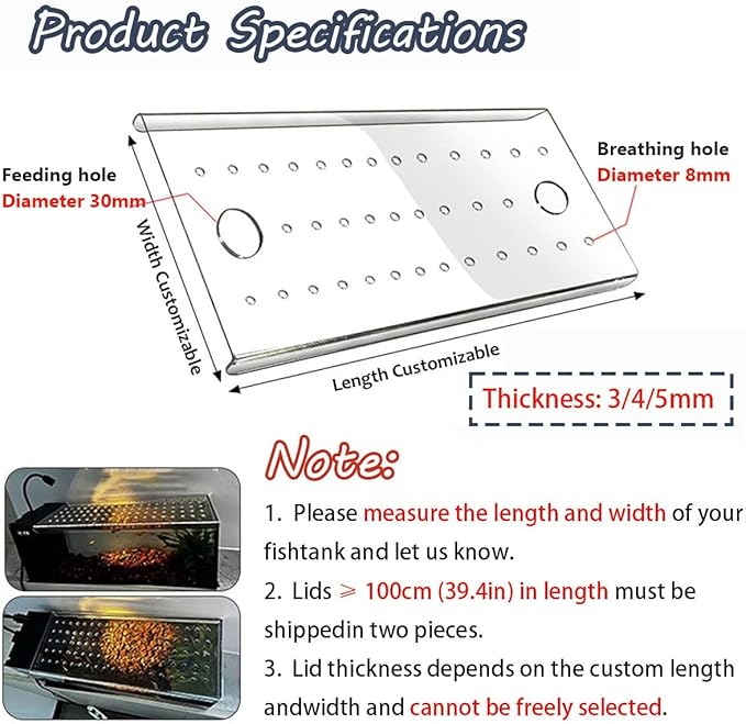 Acrylic Aquarium Lid, Tank Aquarium LidEscape Proof Aquarium Lid, Fish Tank Hood Cover with Vent Port, Custom Betta Fish Tank Lid(38x12in)