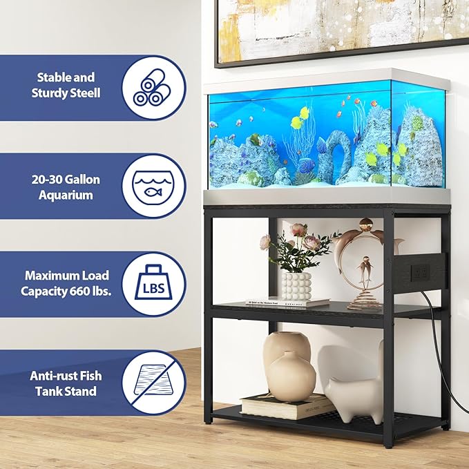 Livofloral 20-29 Gallon Fish Tank Stand with Power Outlets, 3-Tier Metal Aquarium Stand, Breeder Reptile Tank Stand with Shelf for Home Office, 660LBS Capacity, 29.5 x 15.8 x 30.1 inches, Black