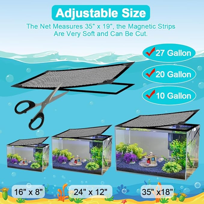 Magnetic Aquarium Cover Lid, DIY Fish Tank lid Anti-Jumping net Cover mesh Terrarium lid Aquarium Hood，Adjustable Size Fit Tank Size Max 35''X19''
