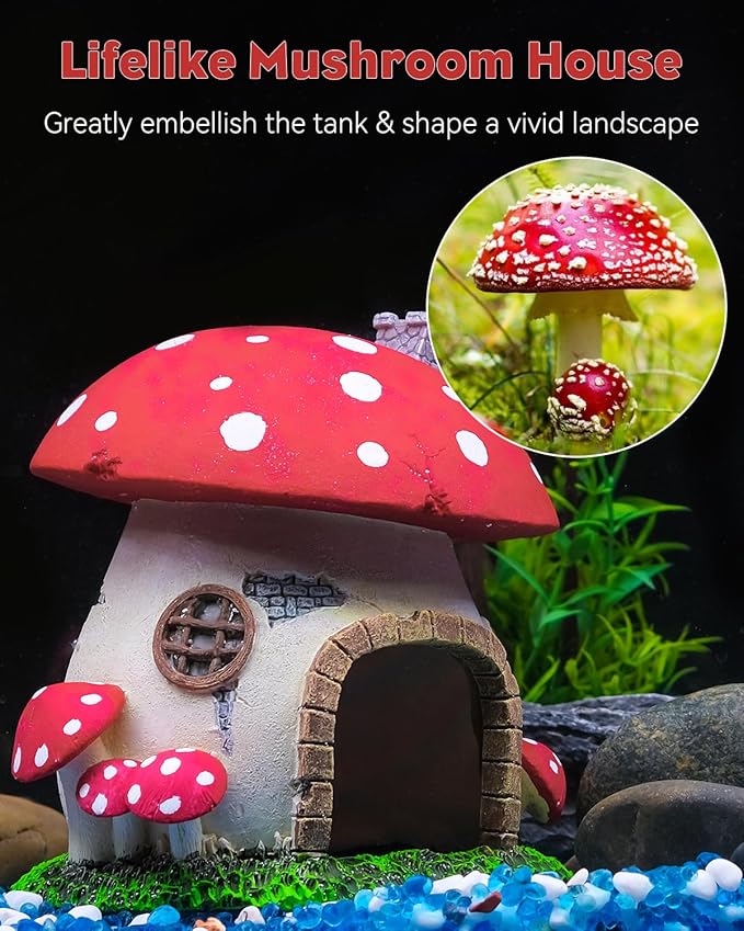 Uniclife Aquarium Mushroom House Fish Tank Decoration Resin Mushroom Cottage Ornament for Fish Tank Landscape Aquarium Hideout Hideaway Spawning Cave Decor for Shrimp Betta Goldfish and Reptiles