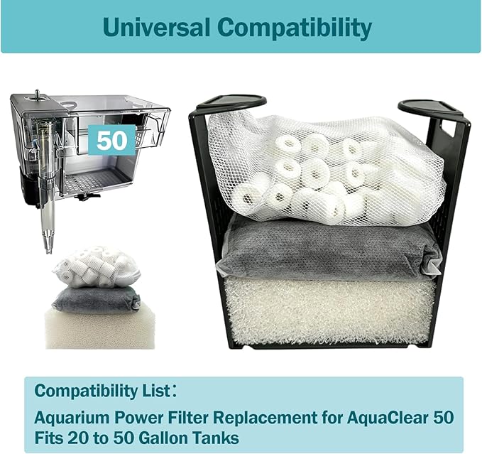 4-Set Three-Stage Filter Replacement Media Kit Compatible with AquaClear 50/70 Power Filters | Fish Tank Filter Media for 20-to-50 Gallon Aquariums | High-Efficiency Filtration Maintenance Accessory