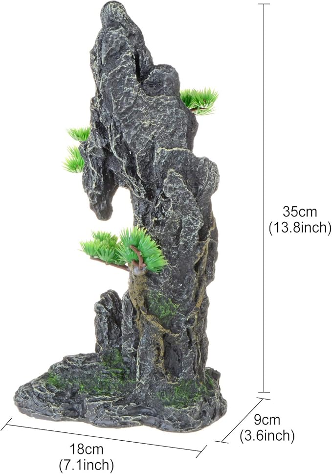 Tall Aquarium Decor Mountain View with Tree & Cave 13.8inch, Large Fish Tank Decoration, Artificial Resin Rock Mountain Betta Fish Tank Ornament for Goldfish Cichlid Shrimp Hiding Playing