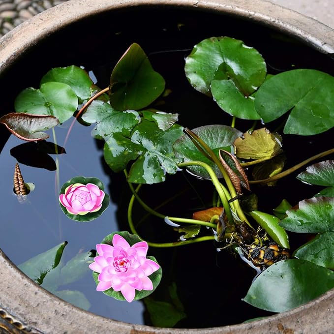 POPETPOP 6PCS Lotus Fake Pond Plants - Artificial Floating Water Lily Lotus Pool Decor - Realistic Water Lily Pads for Home Outdoor Patio Aquarium Wedding Party Decorations