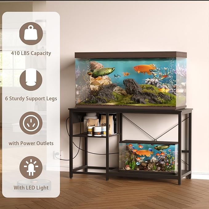 BEURUKU 20-29 Gallon Fish Tank Stand with Power Outlet & LED Light, Metal Aquarium Stand with 3 Tier Adjustable Storage Shelves, Tank Stand for Reptile Tank, Turtle Tank, 30.7" L*13.8" W, Black