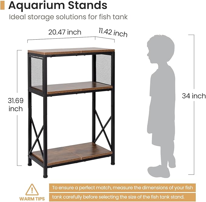SwaaVee 10 Gallon Fish Tank Stand, Heavy-Duty 3-Tier Metal Storage Cabinet, Rustic Brown Aquarium Stand for Fish, Turtle & Reptile Terrariums (Rustic Brown)