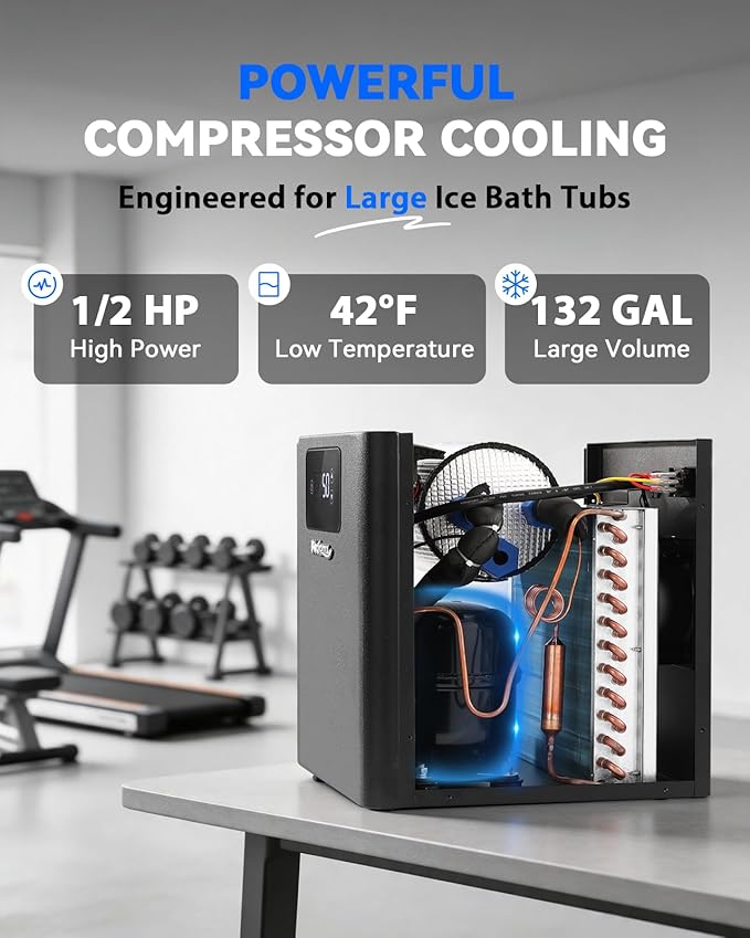 Poafamx 1/2 HP Water Chiller for Ice Bath, Cold Plunge Chiller with External Filter & Water Pump, Insulated Hoses, Quiet Cold Therapy Cooler for Ice Bath Tub
