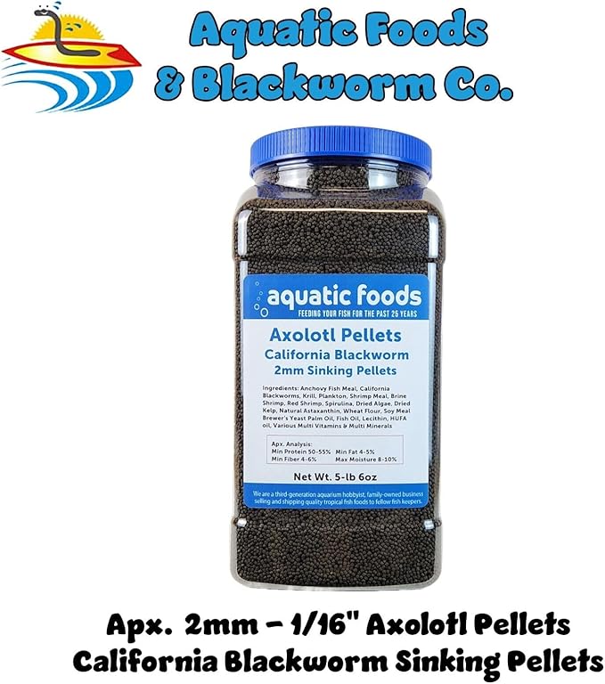 Axolotl Blackworm Pellets. 2mm-1/16 Sinking California Blackworm Small Pellets for Small Axolotl, Frogs, Shrimp, Salamanders, Newts, Snails…5-lbs 6oz Jar