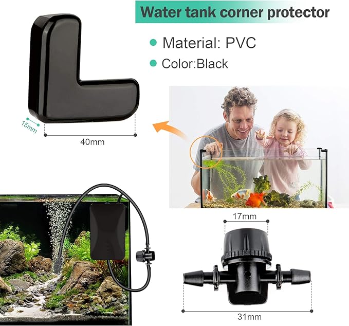 26.6 Feet Black Aquarium Soft Airline Tubing Hose Standard with 4 Air Stones,4 air Value Controller,4 Check Valves, 6 Suction Cups and 16 in Total for I,L,T,Y Shape Connectors