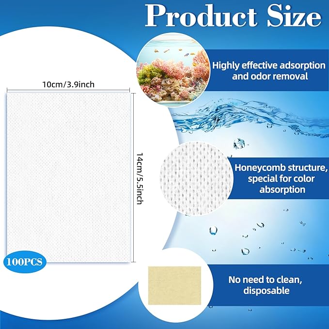 100PCS Aquarium Filter Pad Color Absorbing Sheets - Aquarium Filter Media Remove Driftwood Tannins, Remove Yellow Water, Filter Floss Pond Filter Media for Aquarium, Freshwater and Saltwater