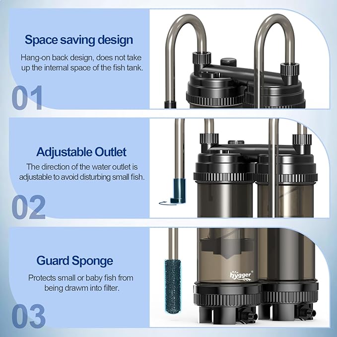 hygger Fish Tank Filter 120GPH, 8.5W Hang on Back Aquarium Filter with Multi-Stage Filtration for Up to 20 Gallon Fish Tank, Quiet HOB Filter for Freshwater & Saltwater Aquariums