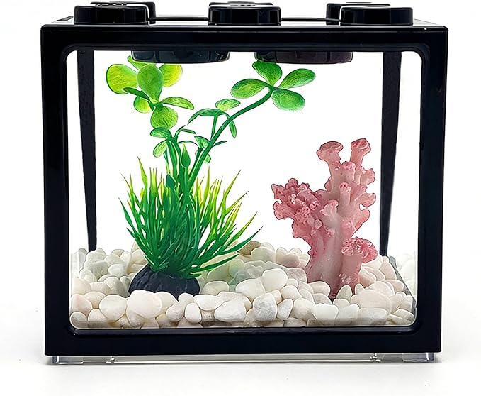 0.25 Gal Black Desktop Aquarium Kit with Aquarium Gravel & Resin Decorations, Cube Mini Fish Tank, Stackable Desktop Fishbowl for Sea Monkeys & Aquarium Landscape Enthusiasts
