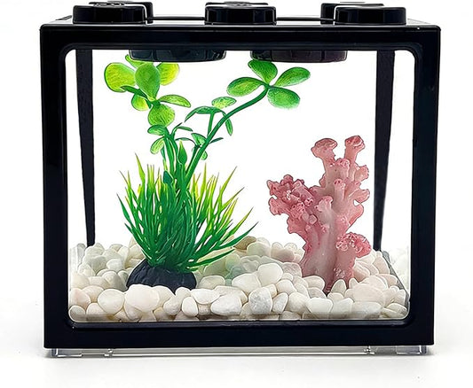 0.25 Gal Black Desktop Aquarium Kit with Aquarium Gravel & Resin Decorations, Cube Mini Fish Tank, Stackable Desktop Fishbowl for Sea Monkeys & Aquarium Landscape Enthusiasts