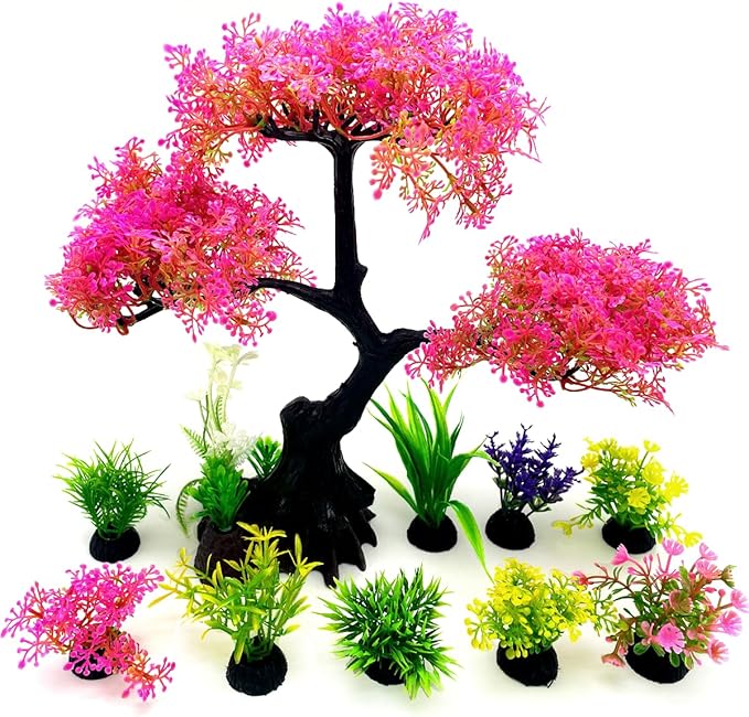 Artificial Aquarium Plants, Fish Tank Decorations, 10 Pcs Cherry Blossom Aquarium Fish Tank Simulation Aquatic Grass Plastic Grass Pine Tree Combination(Pink)