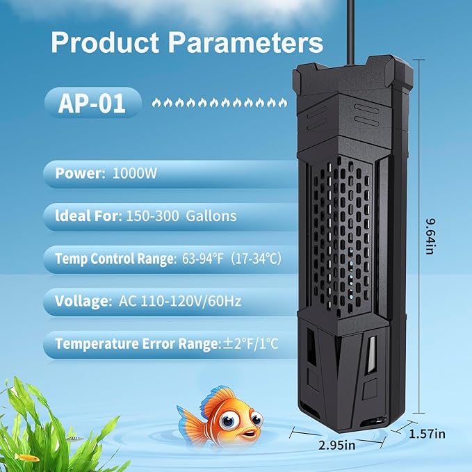 HiTauing Aquarium Heater, Upgrade AP01 300W/500W/800W/1000W Fish Tank Heater with Intelligent IC Chip Controller-Fast Heating, Precise Temperature Control for Saltwater and Freshwater