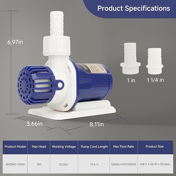 LANDEN BIOSMO 12000 DC Sine Wave Water Pump Return Pump 12000L/H (3170GPH) High Performance Aquarium Cleaning Ultra Quiet Operation 10-100W 3 Modes Control Ideal for 300-635 Gallon Fish Tanks