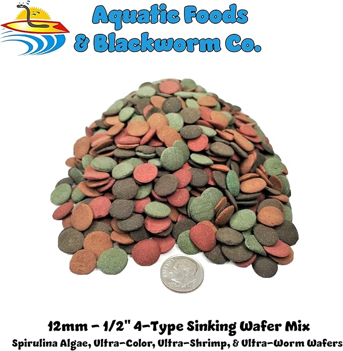Aquatic Foods Inc.4-Type Ultra Mix of 12mm - 1/2'' Sinking Wafers, Spirulina-Algae, 6-Type Worm, 10-Type Shrimp, Intense Color Enhancing Wafers for Plecos, Shrimp, Snails, All Tropical Fish - 2-lbs