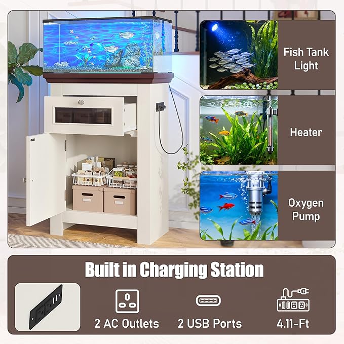 10-15 Gallon Aquarium Stand With Power Outlets, Farmhouse Fish Tank Stand, Reptile and Terrarium Stand with Drawer and Cabinet Storage, Sturdy Heavy Duty 20.4" 12",White