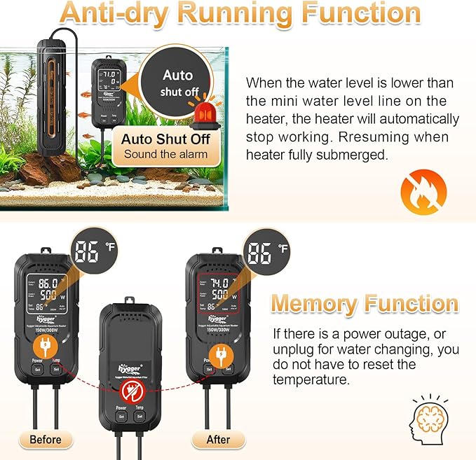 hygger Aquarium Heater, 250W/500W Adjustable Power Fish Tank Heater with Digital Display External Controller, Automatic Power-Off Protection Heater for 50-106 Gallons Freshwater and Saltwater Tank