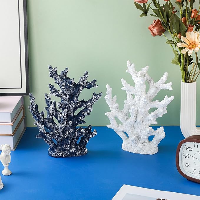 Artificial Coastal Dorm Fish Aquarium Coral Ornament Decor Realistic Aquatic Plant Marine Themed Gifts for Beach Coastal, Living Room, Bathroom- White