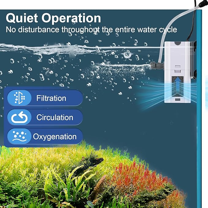 132 GPH 4-in-1 Aquarium Filter, 10-40 Gallon Fish Tank Filters Filtration and Oxygenation, Filter for Fish Tank with Biochemical Cotton, Multi-Functional Turtle Tank Filter(7 W)