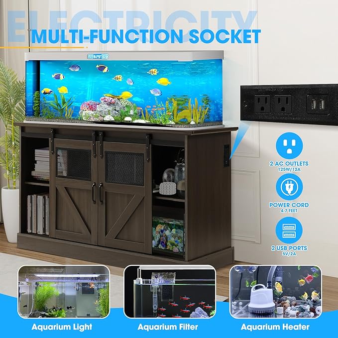 55-75 Gallon Fish Tank Stand with Sliding Barn Doors & Power Outlet, Heavy Duty Aquarium Stand with Cabinet Storage for 2 Fish Tank/Turtle Tank/Reptile Terrarium Accessories, 1300LBS (Grey)