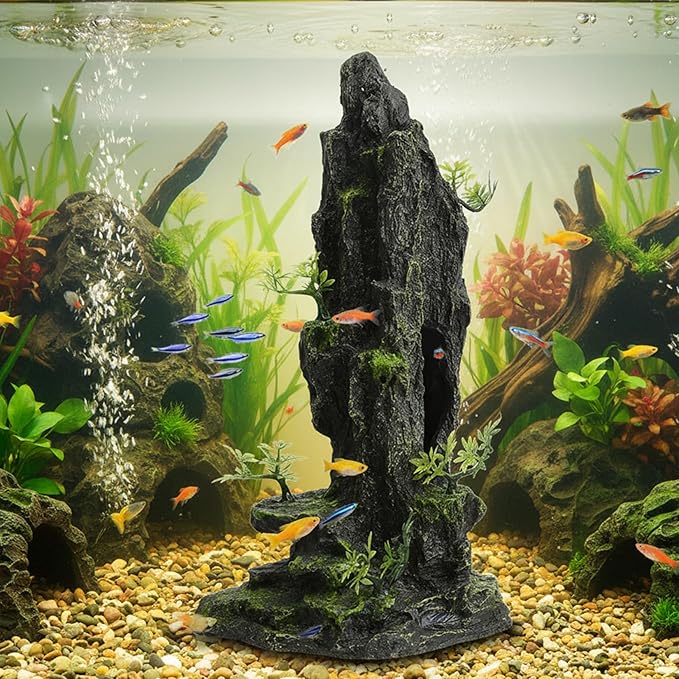 14.4" Tall Aquarium Cave Decor, Large Resin Mountain Hideout with Artificial Plants, Rock Shelter for Betta & Cichlid, Landscape Ornament for 20-40 Gallon Freshwater & Saltwater Tank