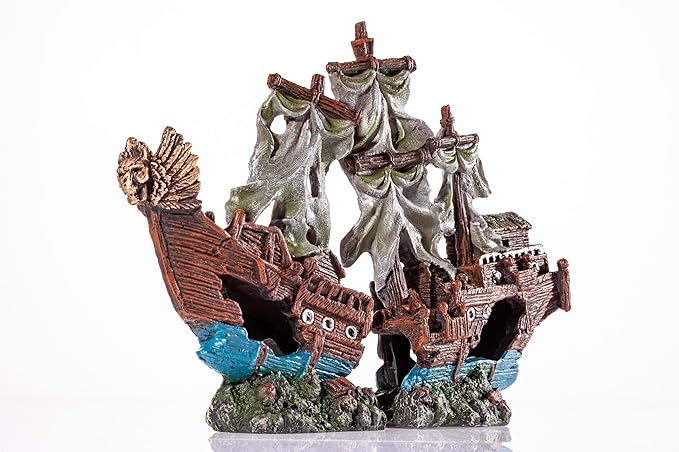 UNEAK - Shipwreck Aquarium Decorations Pirate Ship Ornament w/Sail (2 Pieces) 5 Gallons and Larger Fish Tank, Sunken Ship Decoration Ornaments, Decorative Resin Boat for Freshwater Saltwater Decor