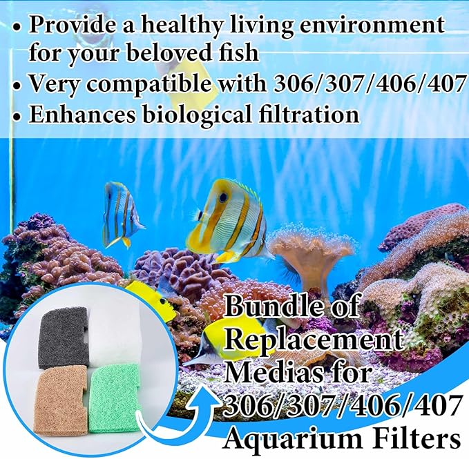 Threlaco 56 Pcs Aquarium Filter Media Compatible with Fluval 306/307/406/407, 36 Ammonia Phosphate & Nitrite Remover Pads, 6 Activated Carbon, 12 Polishing Pads, 2 Silicone Lubricant
