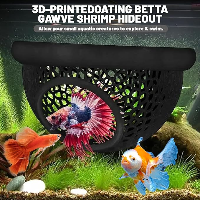 Floating Betta Hammock & Shrimp Shelter – 3D Printed Aquarium Decor with Feeding Ring, Safe Resting Spot for Betta Fish, Shrimp and Small Fish（Black）