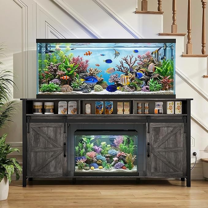 VOWNER 75-120 Gallon Fish Tank Stand with Power Outlet, Farmhouse Aquarium Stand with Storage Cabinet & Sliding Barn Doors, Heavy Duty Reptile Tank Stand, for 2 Tanks, 1000LBS Capacity, Grey