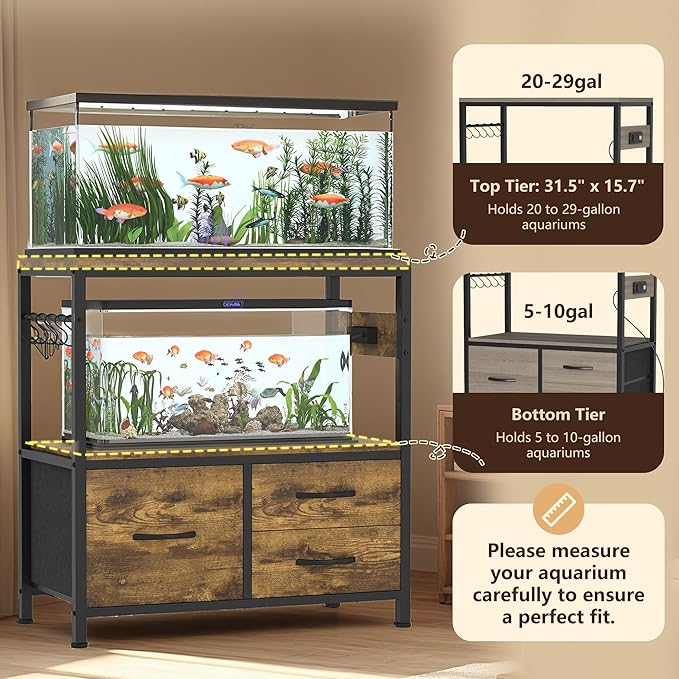 Heybly 20-29 Gallon Fish Tank Stand, Aquarium Stand with Drawer, Power Outlet, Heavy Duty Metal Frame, for Fish Tank, Turtle & Reptile Terrarium, 31.5" x 15.7" Top, 330lbs, Rustic Brown HAS001SR