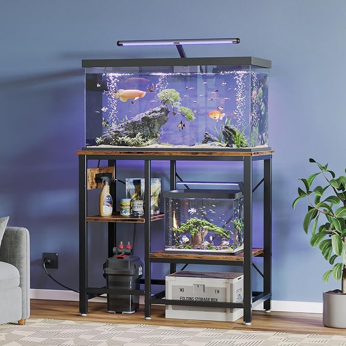 Bestier 20-29-37 Gallon Fish Tank Stand with Power Outlet, 30x13 Metal Aquarium Stand with Filter Storage, 6-Leg Reptile Tank Stand with 3-Tier Adjustable Storage Shelves, 400LBS Capacity