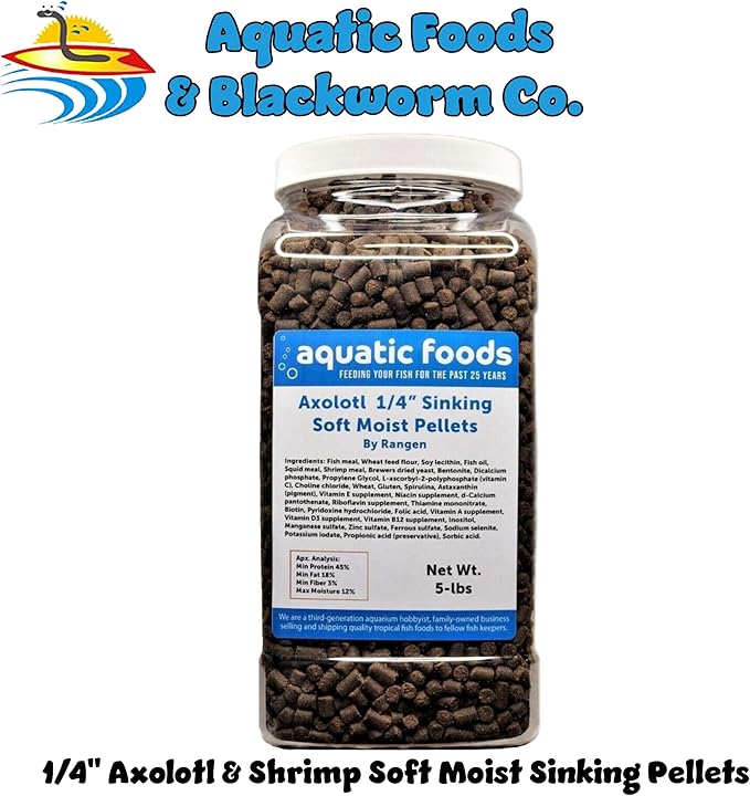 Axolotl Food 1/4" Soft Moist Sinking Salmon Pellets for Adult Axolotl Also Shrimp, Snails, Crabs, Crayfish, Bottom Tropical Fish...5-lb Lg Jar