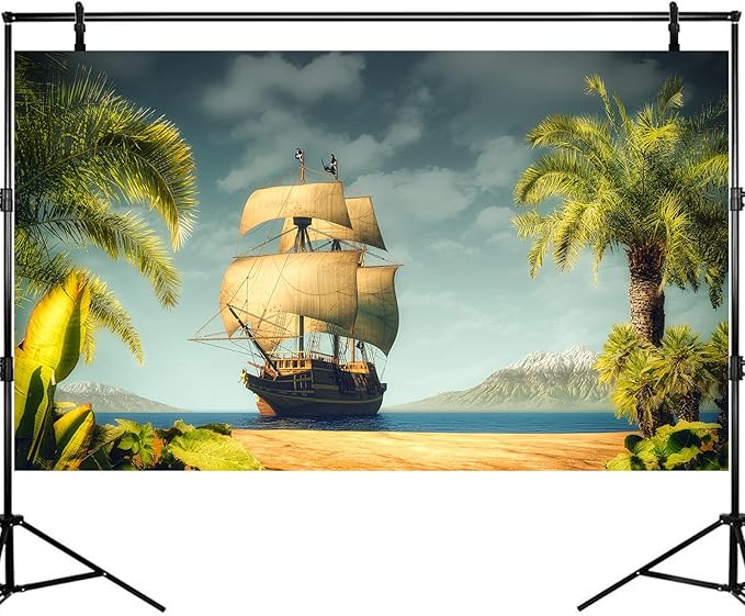 Tropical Island Aquarium Background Vintage Pirates Ship Lush Palm Trees Fish Tank Background Sunset Cloudy Blue Ocean Seascape Wonderland Terrarium Backgrounds for Tank Backgrounds Decors 48x20in