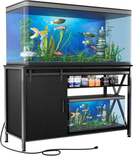 Aquarium Stand for 55-75 Gallon Fish Tank: Tank Stand Table with Power Outlet for Aquarium kit - Metal Fish Stand Cabinet with Storage for 55 Gallon Reptile Turtle Terrarium (black, 55-75 gallon)