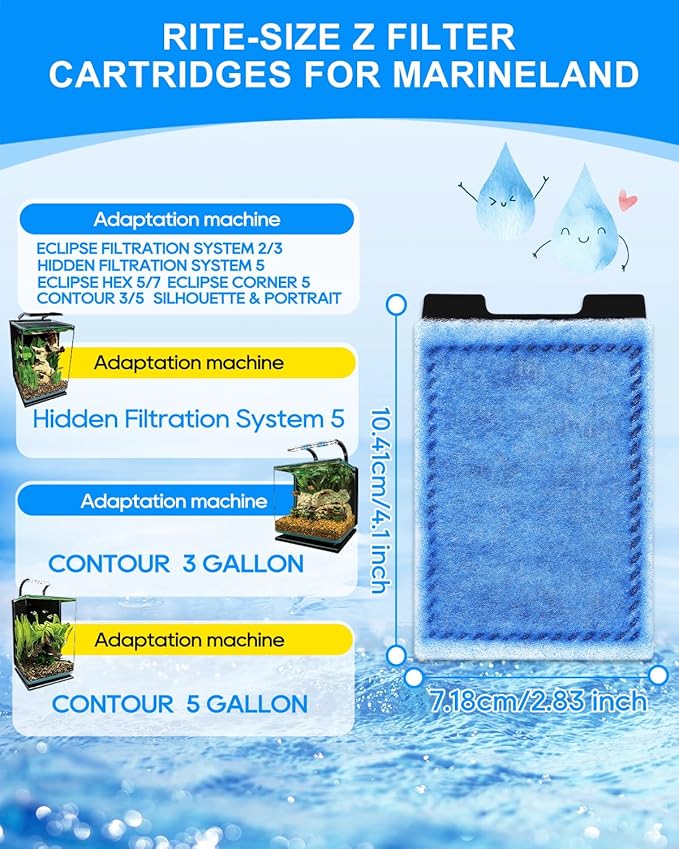 12 Pack Rite-Size Z Filter Cartridges Compatible with Marineland Eclipse Filtration Systems 2/3, Eclipse Hex 5/7, Fish Filter Compatible with Marineland Hidden Filtration System 5, Contour 3/5