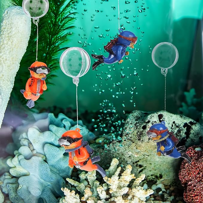 BESPORTBLE Floating Fish Tank Decorations: 4pcs Cute Diver Aquarium Ornaments with Floating Balls and Lines, Resin Small Fish Tank Decor for Underwater Landscape and Water Flow Monitoring