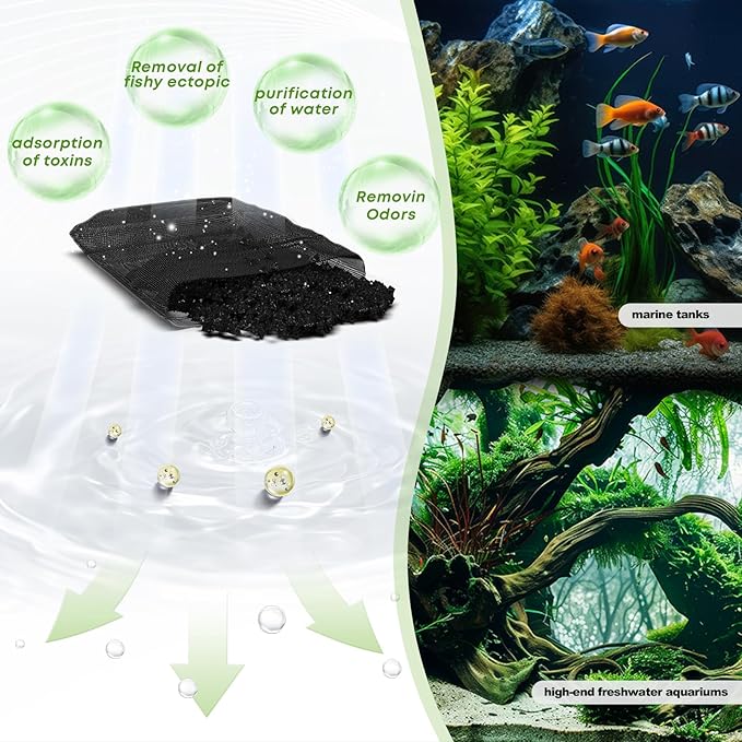 MagTool Aquarium Activated Carbon, Natural Coconut Shell Activated Charcoal for Freshwater, Planted, and Reef Tanks – Removes Odors, Discoloration & Impurities(1000ml with Fine Mesh Bag)
