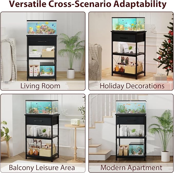 5-10 Gallon Fish Tank Stand, Height Adjustable Metal Aquarium Stand with Storage Drawers for Fish Tank Accessories Storage, Perfect for Turtle Tank, Reptile Terrarium, Black