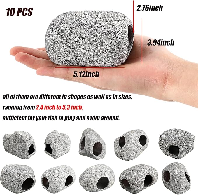 Lyrow 10 Pieces Aquarium Hideaway Rock Cave Stackable Fish Tank Decorations for Aquatic Pets to Breed, Play and Rest, Ceramic Shelters for Small Fish, Betta Cave Shrimp Habitat, Breeding Tube (Rustic)