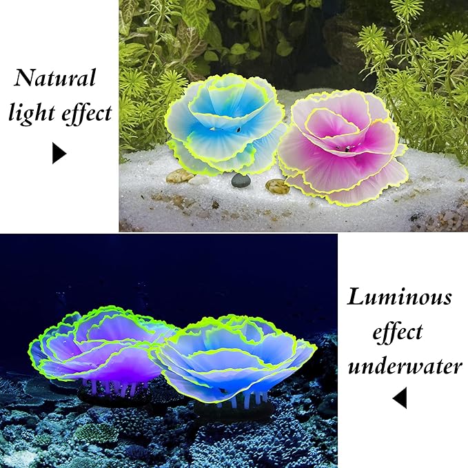Glowing Fish Tank Decorations Glow Aquarium Decor Coral Ornaments, 2pcs Silicone Flower Plants and 10pcs Colourful Sea Shells/Luminous Stone Glow in The Dark for Aquarium Decoration