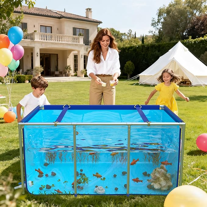 Fish Tank with Clear Panel, Canvas Goldfish Pond with Steel Frame, Transparent Aquarium Tank with Drain Valve for Fish Breeding and Display, Foldable Water Storage (59X39X28in)