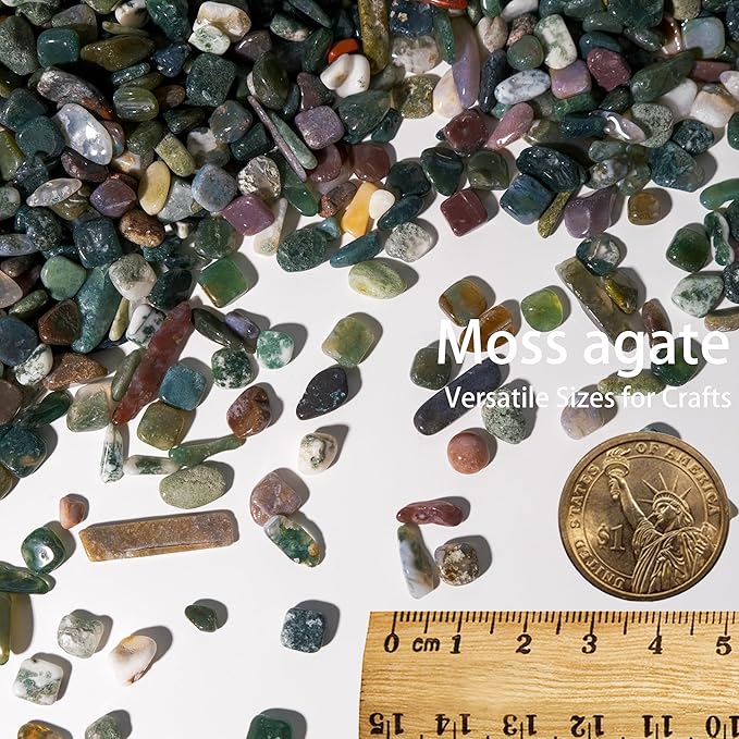Moss Agate Crystal Chips 1lb (1200+ pcs) – 5-8mm Natural Crystals for Aquarium Gravel, Terrarium Substrate, Succulent Top Dressing, Jewelry Making & Spiritual Gifts – Safe for Fish Tanks