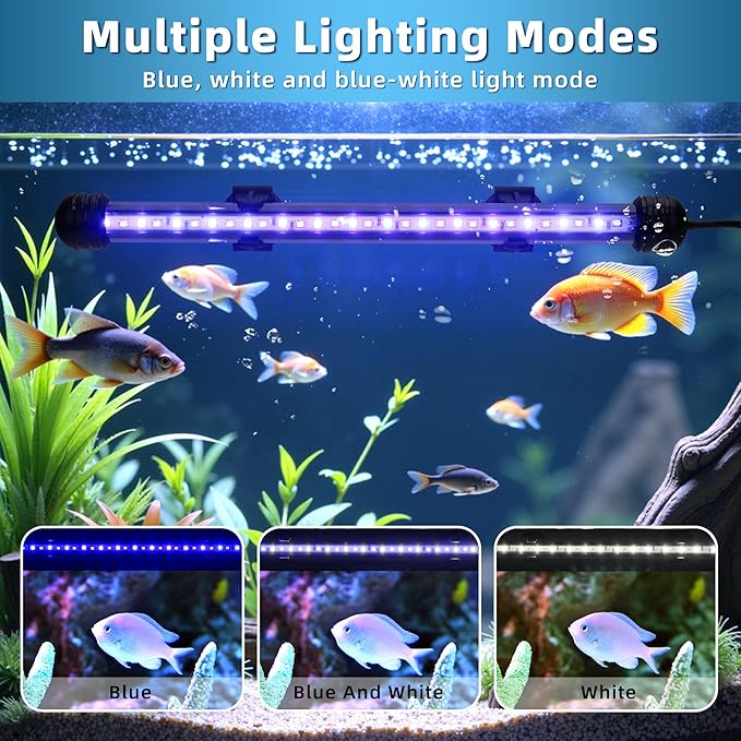 LED Submersible Aquarium Light 12W Underwater Fish Tank Light with Blue White&Blue and White Three Light Modes Timer Automatic On/Off and Dimmer Brightness Adjustable (22.8inch)
