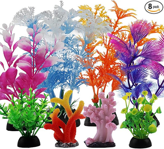 Fish Tank Decorations Plants with Resin Coral, 8 pcs Aquarium Decor