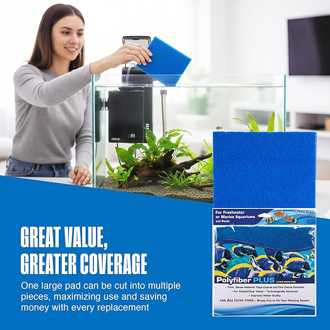 Penn-Plax Cascade Poly Fiber Plus Aquarium Filter Media Pad - Flexible Cut-To-Fit for Freshwater, Saltwater Tanks & Ponds - Works with All Filter Types - Captures Fine & Coarse Debris - 10 x 18 Inches